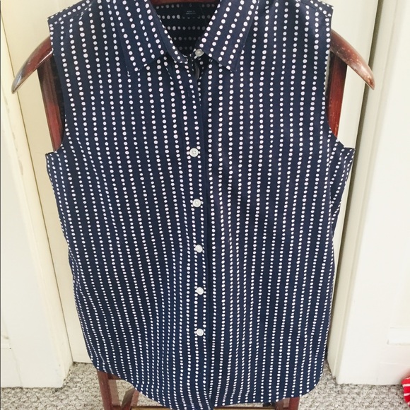 Sleeveless navy blue with pink polkadot blouse